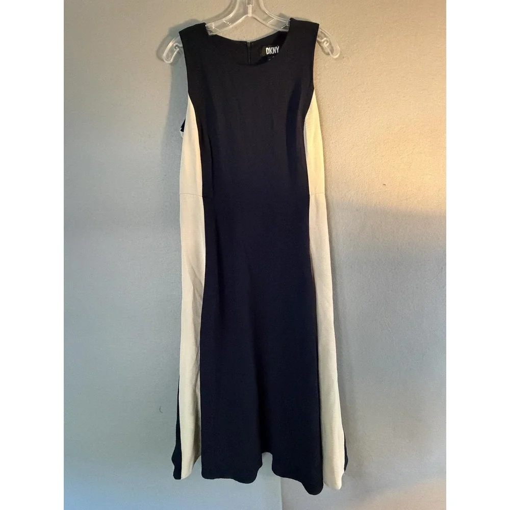 DKNY Dress Womens 8 Blue Colorblock Sleeveless A Line Maxi Crew Neck Workwear
